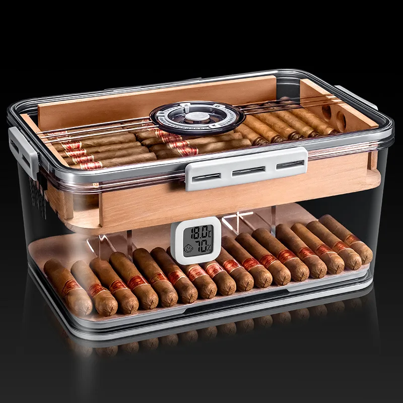 Cigar Humidor Sealed Moisture Large Volume Cigar Case Transparent Cedar Wood Double Layer Cigar Box