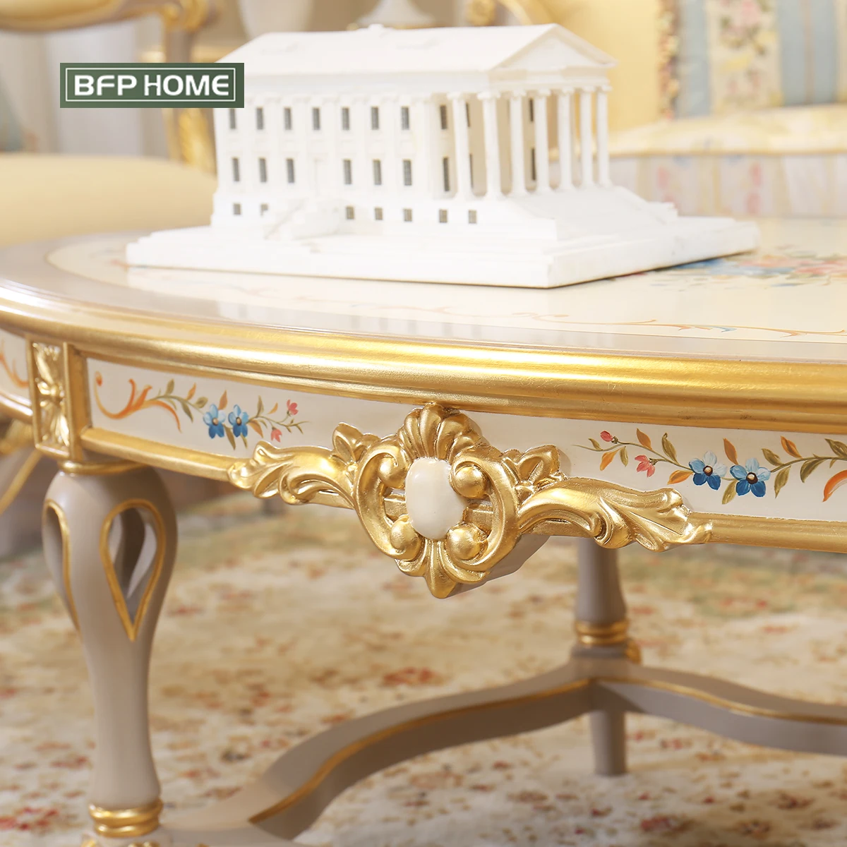 BFP HOME French Luxury Style High-end Sofa Classical Living Room Sofa Set with Gold/Silver paint Solid wood furniture