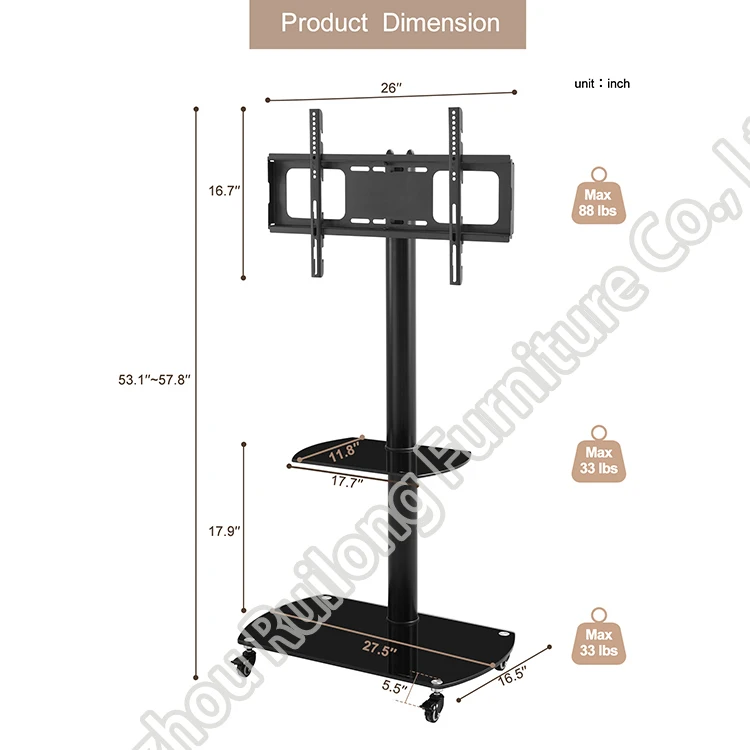 
Modern Luxury Simple Movable LCD Plasma TV Trolley Stand Designs Floor Mount Mobile Metal Iron Glass TV Stand With Wheels 