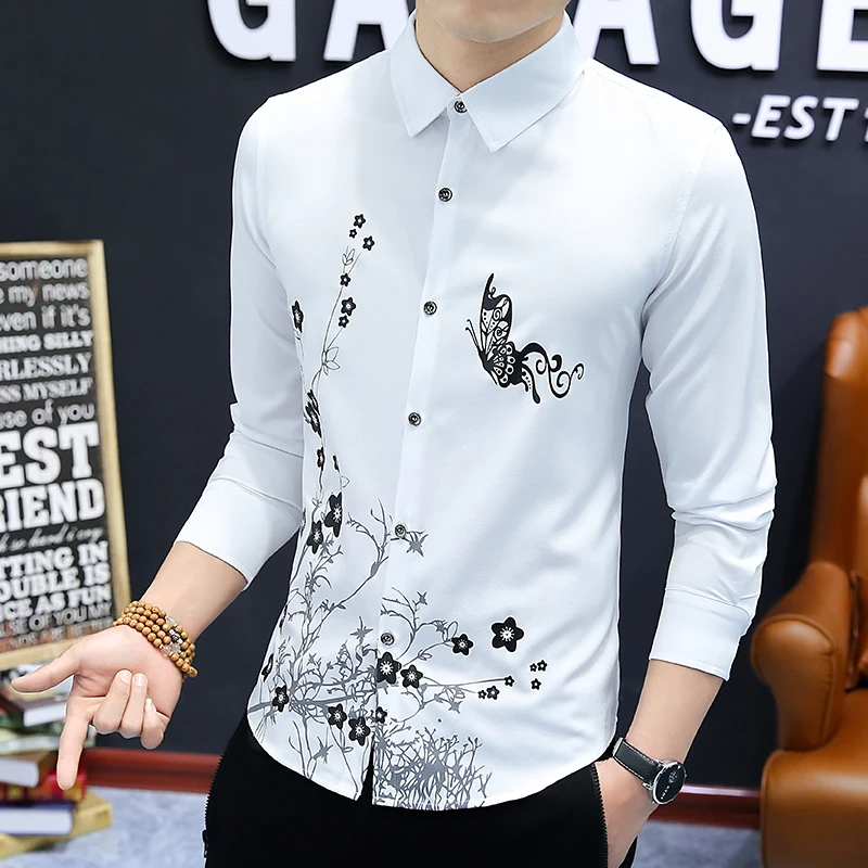 
Business Shirt Fashion Printing Shirt M-4XL Black Blue Purple White All-Match Flower Shirt 