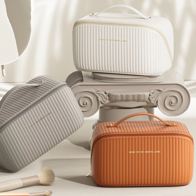 New Upgraded Vertical Stripes Pillow Makeup Bags Pu Leather Waterproof Toiletry Cosmetic Bag for Travel Storage