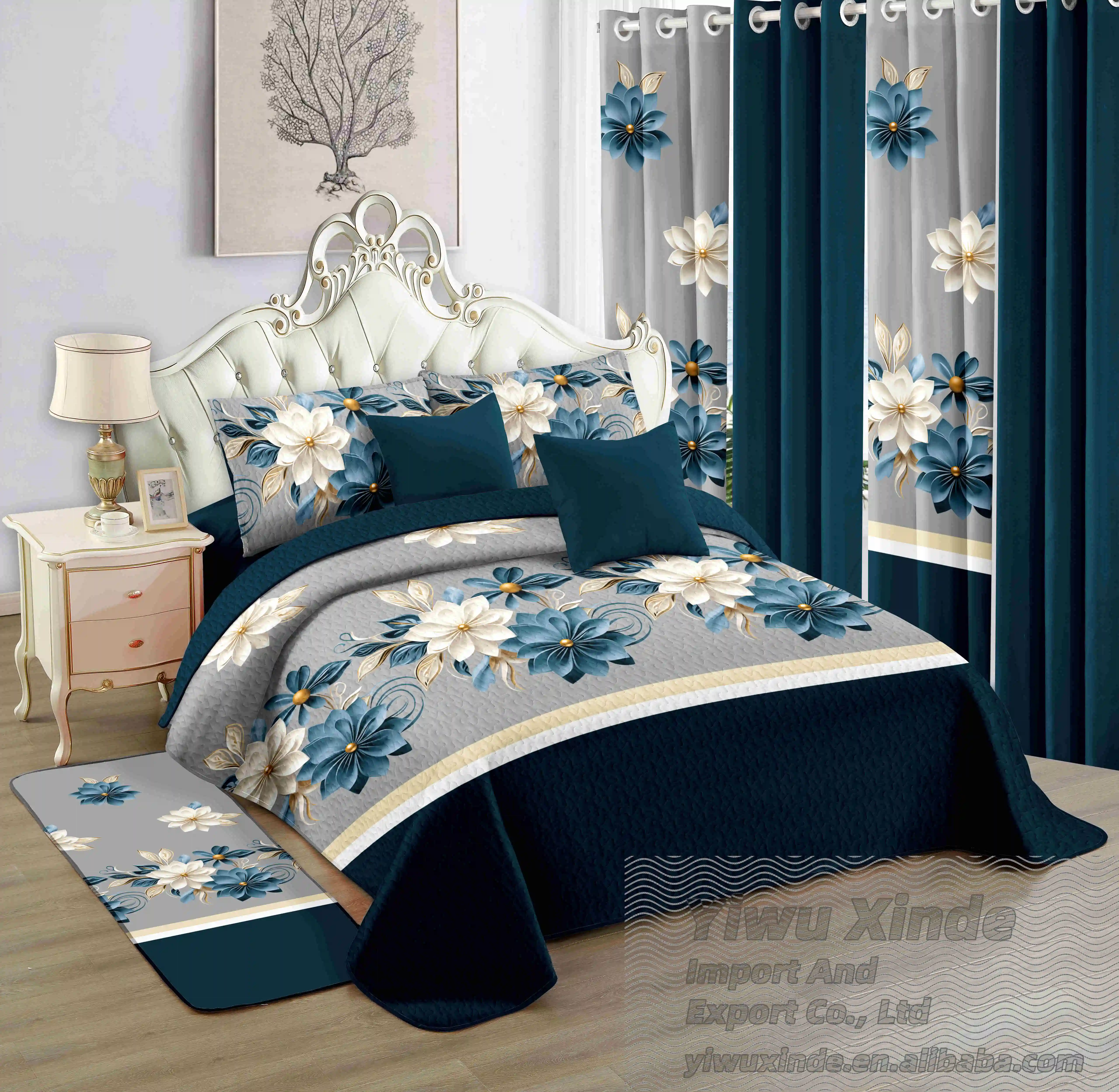 wholesale cheap 12pcs bedspread set with curtain king bedding set in stock customize cotton sheet bed spread set bedspreads