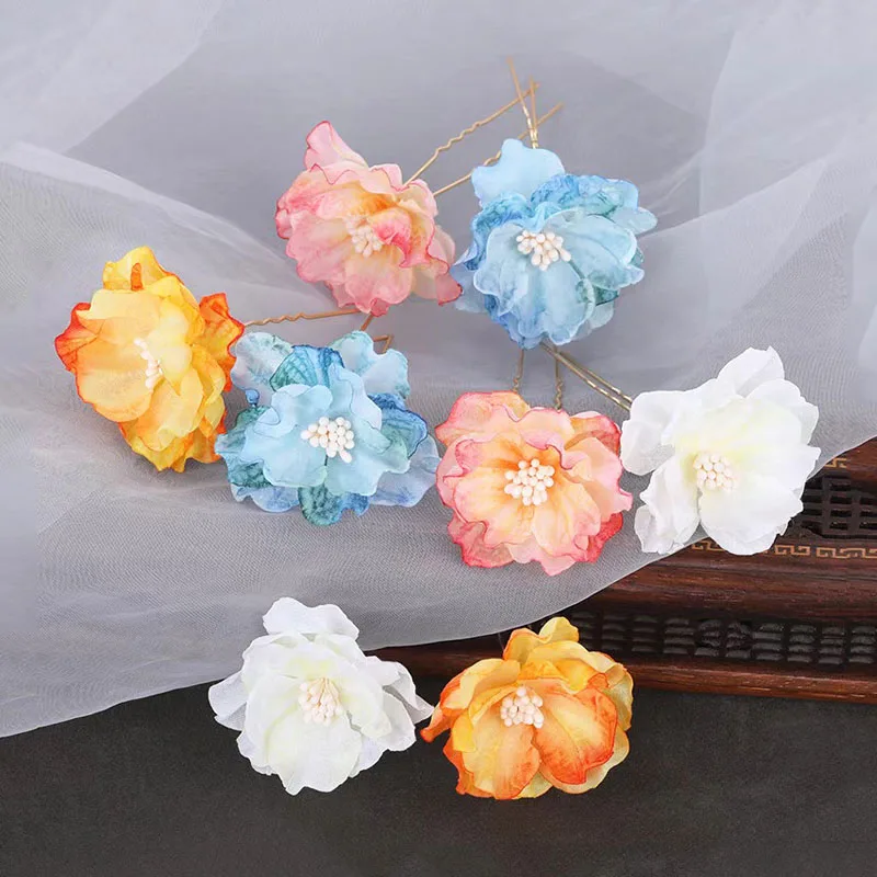 Baiyiyuan Wholesale Wedding Bridal Hair Accessories Elegant Metal U Shaped Artificial Silk Blossom Hibiscus Flower Hair Clip