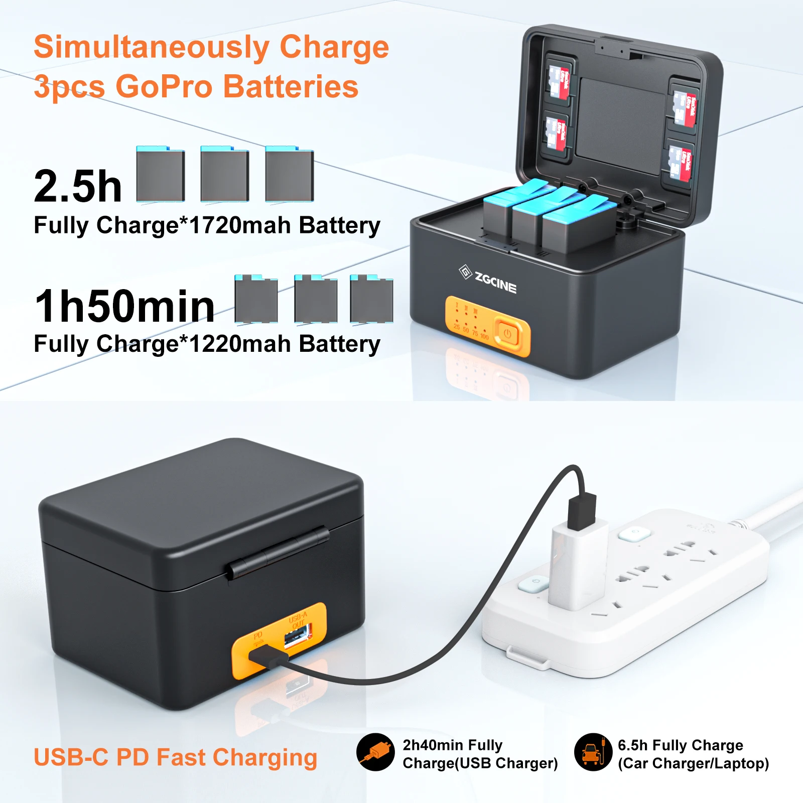 ZGCINE PS-G10 Build in 10400mAh Battery Charger Bank Fast Charging Case for GoPro Hero 10/9/8/7/6/5 Battery