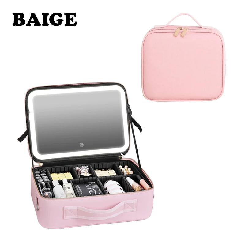 Pink PU Leather Travel Makeup Case with LED Mirror Middle Size Fashionable Cosmetic Bag with Dividers and Zipper Closure