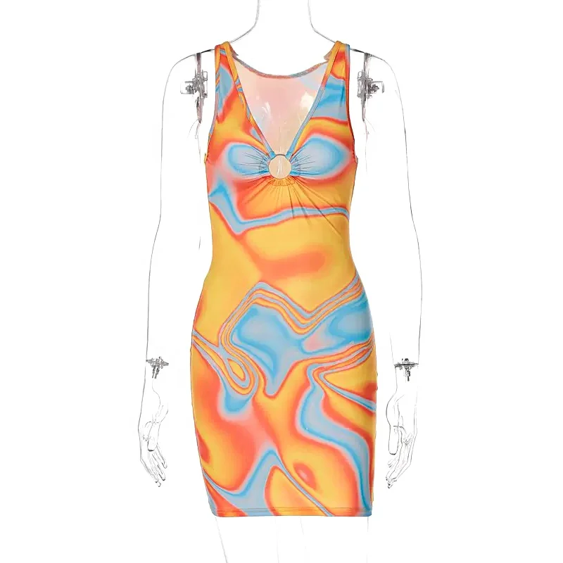 2022 Custom OEM ODM Summer Ladies Dress Casual Woman Dresses Slip Cut Out Graphic Print Bodycon Dress
