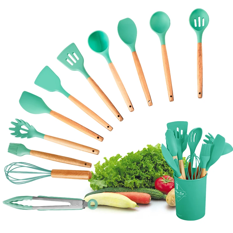 high sales wooden handle silicone kitchenware no hurt the pot cooking spoon with storage Cooking Utensils set