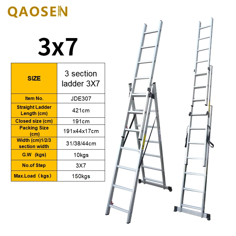 3 Section Extension Ladder Aluminum Silver Multipurpose 7 Steps  Work Stairs