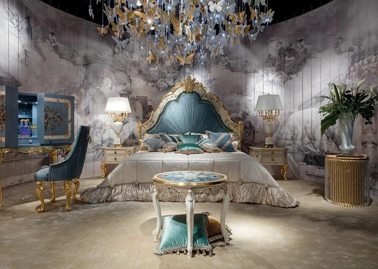 Antique design solid wood bedroom set  and dresser with mirrored  luxury bed furniture