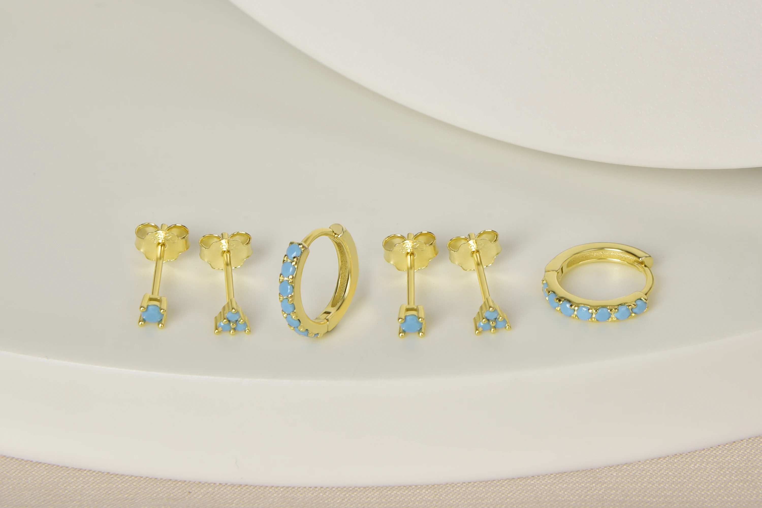 925 Sterling Silver Jewelry  Triangle Turquoise Gold Plated Rhinestone Tiny Stud Hoop Earrings Set Women