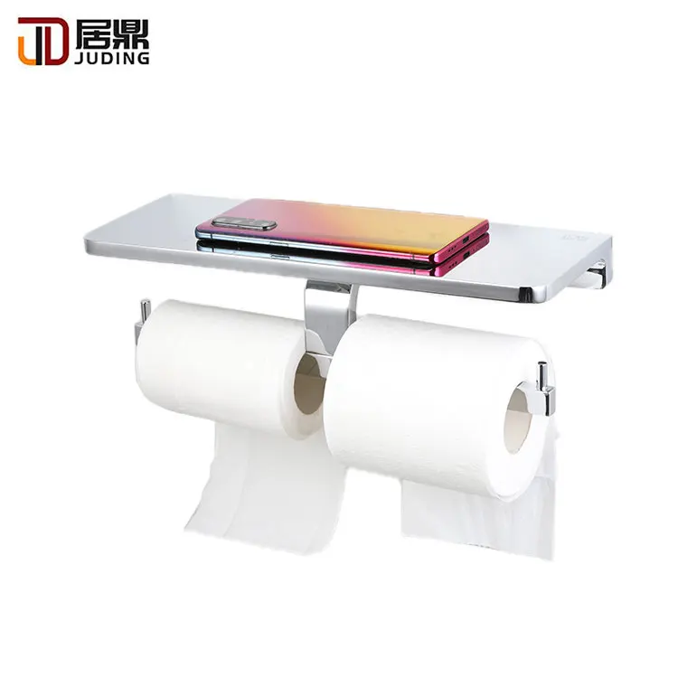 Aluminium Wall Mounted Bathroom Double Tissue Roll Paper Holder With Shelf