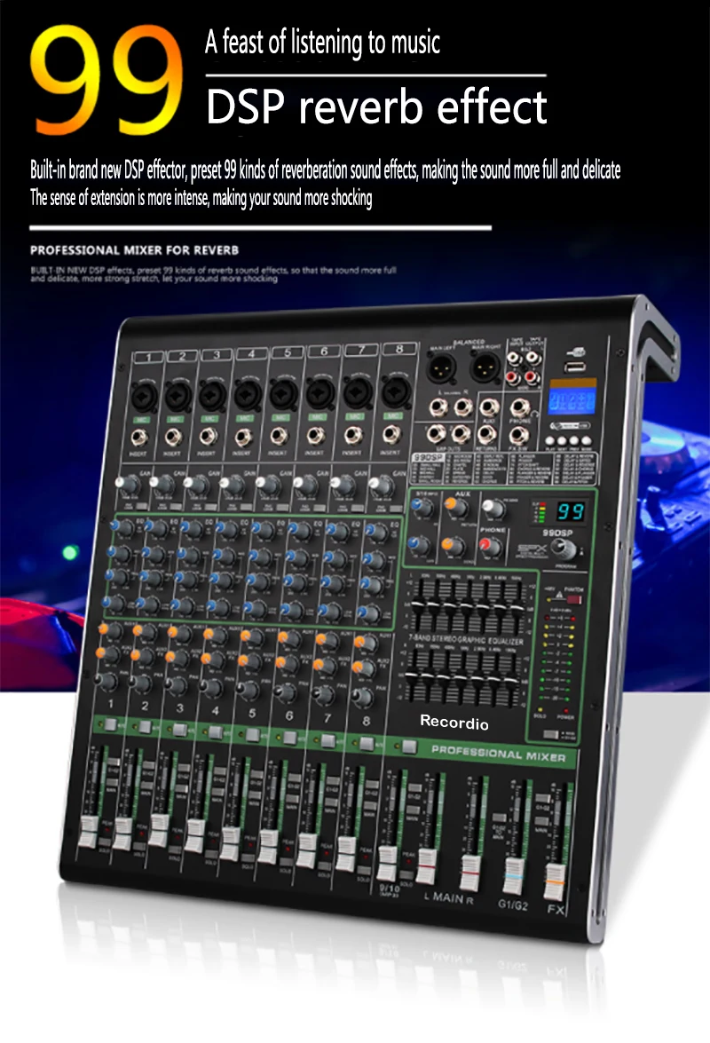 GAX-XS8 Professional Audio mixing console Video & Lighting 8 channels with USB MP3 player mixing console 99 DSP DJ audio console