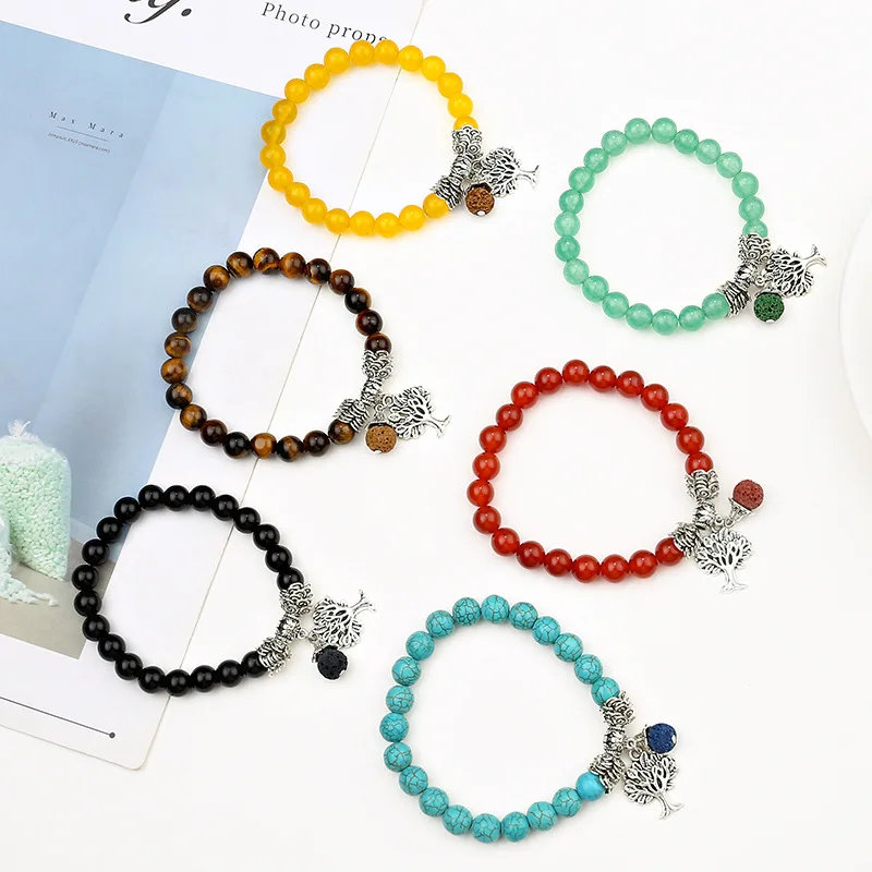 Charm Jewelry Natural Gemstone Tiger Eye Women Bracelets Bangle Tree of Life Reiki Healing Crystal Red Agate Beaded Bracelet