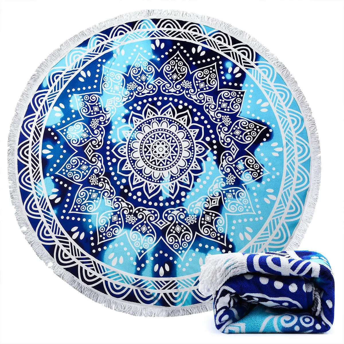 
150cm 100% RPET fabric printing microfiber round beach towel with tassels 