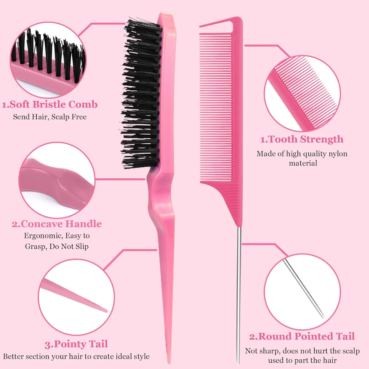 10 Pcs Hair Styling Comb Hair Brush Set - Bristle Slick Back Hair Brush Teasing Comb Rat Tail Comb with Gator Clips,Edge Brush