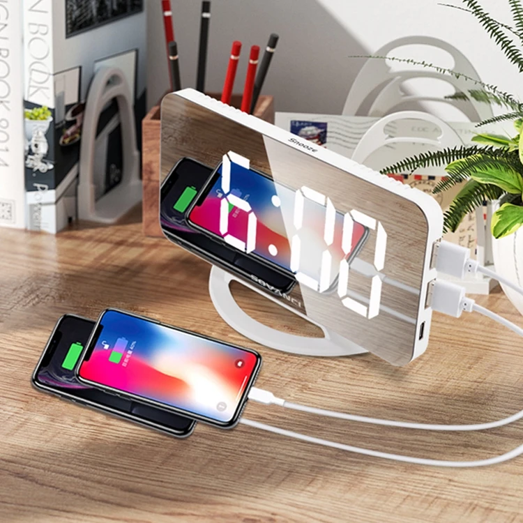 Mirror Surface Digital LED Alarm Clocks With 2 USB Port Electronic Automatic light-sensitive Plastic Clock Bedroom