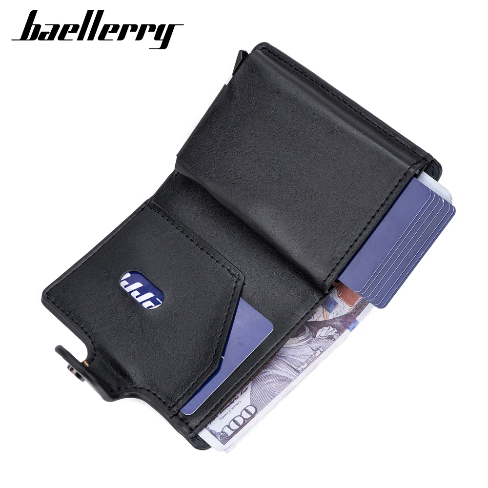 Baellerry Vintage Slim Leather Wallet Alloy Side Push Pop Card Holder RFID Auto Pop Aluminium Credit Card Holder Custom Logo