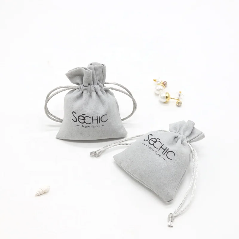  Custom Soft Microfiber Suede Gift Drawstring Bag Gray Jewelry