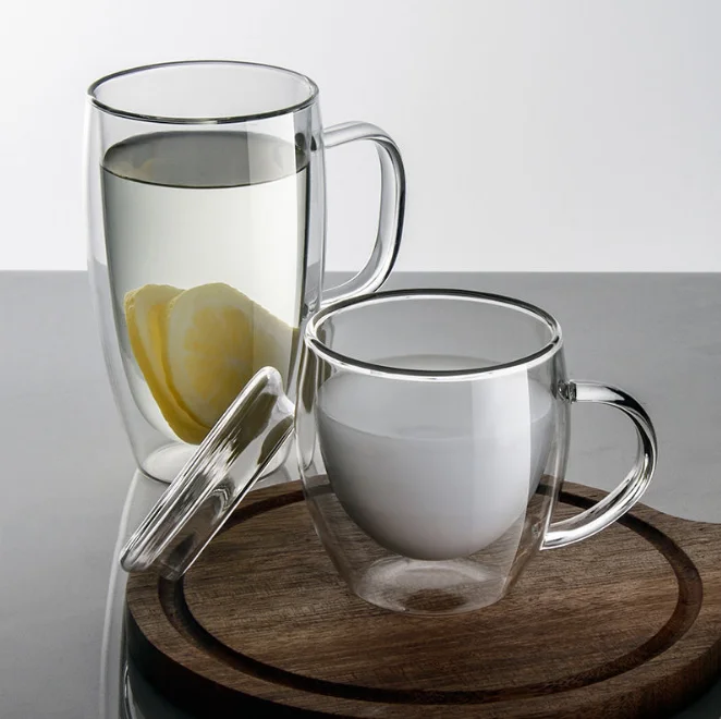 Wholesale Handmade High borosilicate clear double wall glass mug coffee cup with handle and bamboo lids Or glass lids