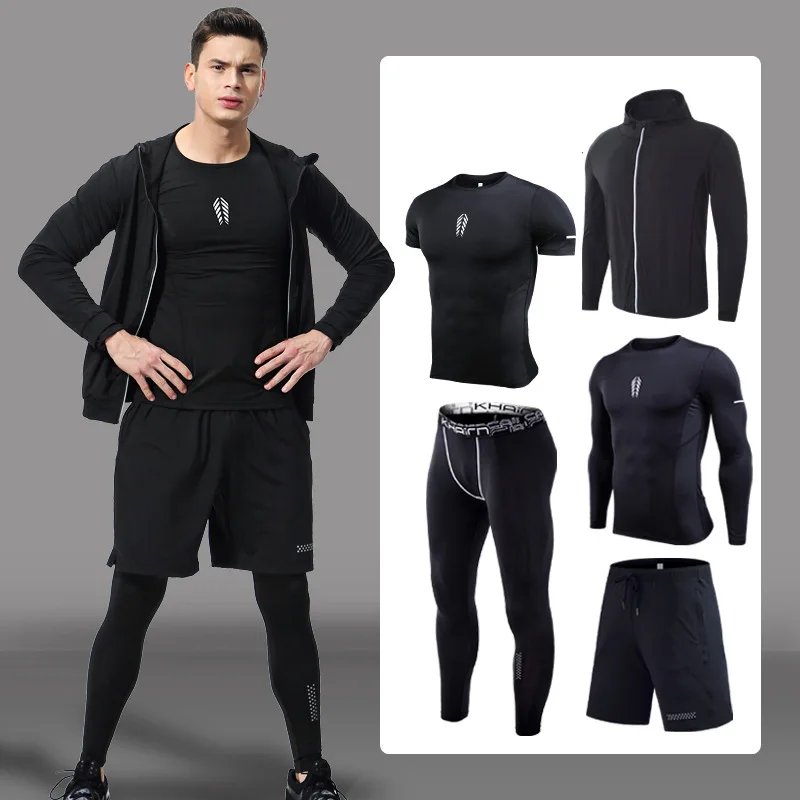 High Quality 2022 Custom Men Gym Wear Stretch Running Sweatsuit Compression Sports Wear 5 Pieces Training Wear