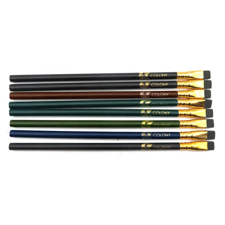 Black Color Printing Golden Logo High Quality Hotel #2 HB  Custom Printed Pencil With Flat Rubber Eraser For School And Office