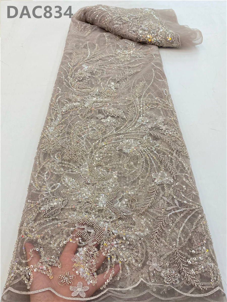 Luxury French Navy Blue Handmade Applique Pearl Beaded Lace Fabric With Sequins Embroidered