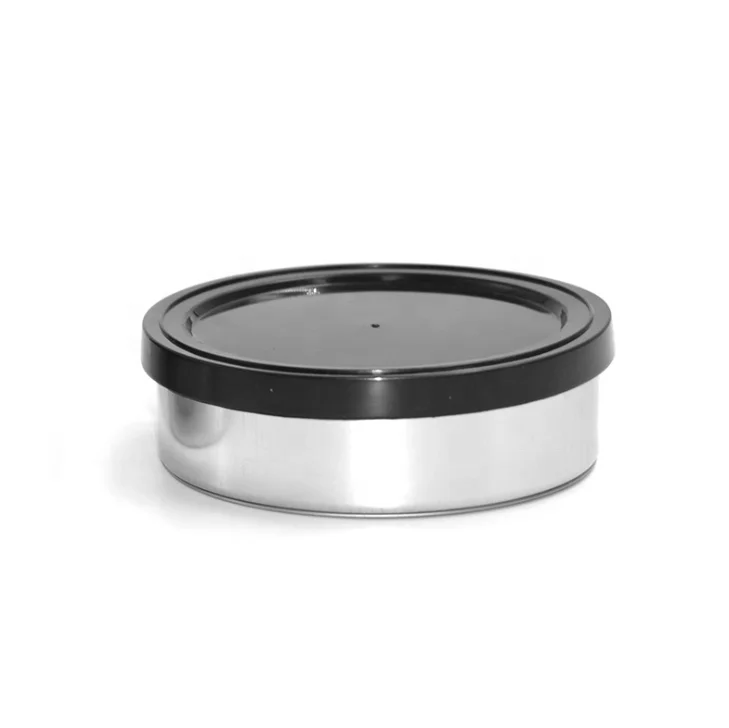
100ml 200ml Press bottom self seal empty glossy tin container with aluminum ring pull presealed black top on 
