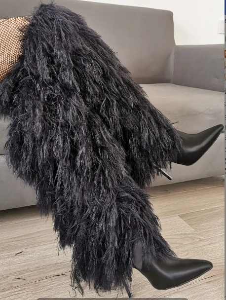 White Feather Fringe Women Boots  Sexy Pointed Toe Full Fur Thigh High Boots Thin Heels Suede Zip Runway Over The Knee Botas