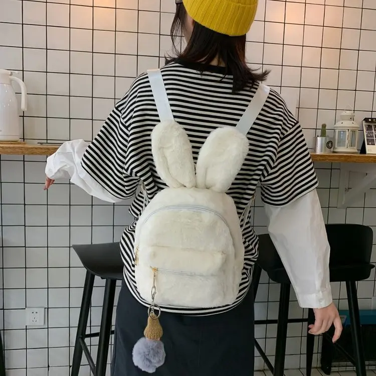 
Rabbit Fur Cute Backpack Women Bear Ears Mini Bag Ladies Small Backpack Korean Style Cute Plush Backpack Girl Lovely 