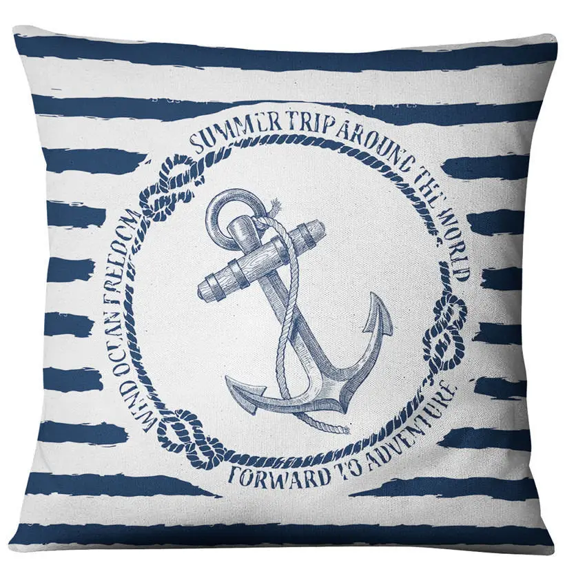 Ocean Nautical Anchor Blue White Striped Square Pillow Covers Linen Cushion Case for Home