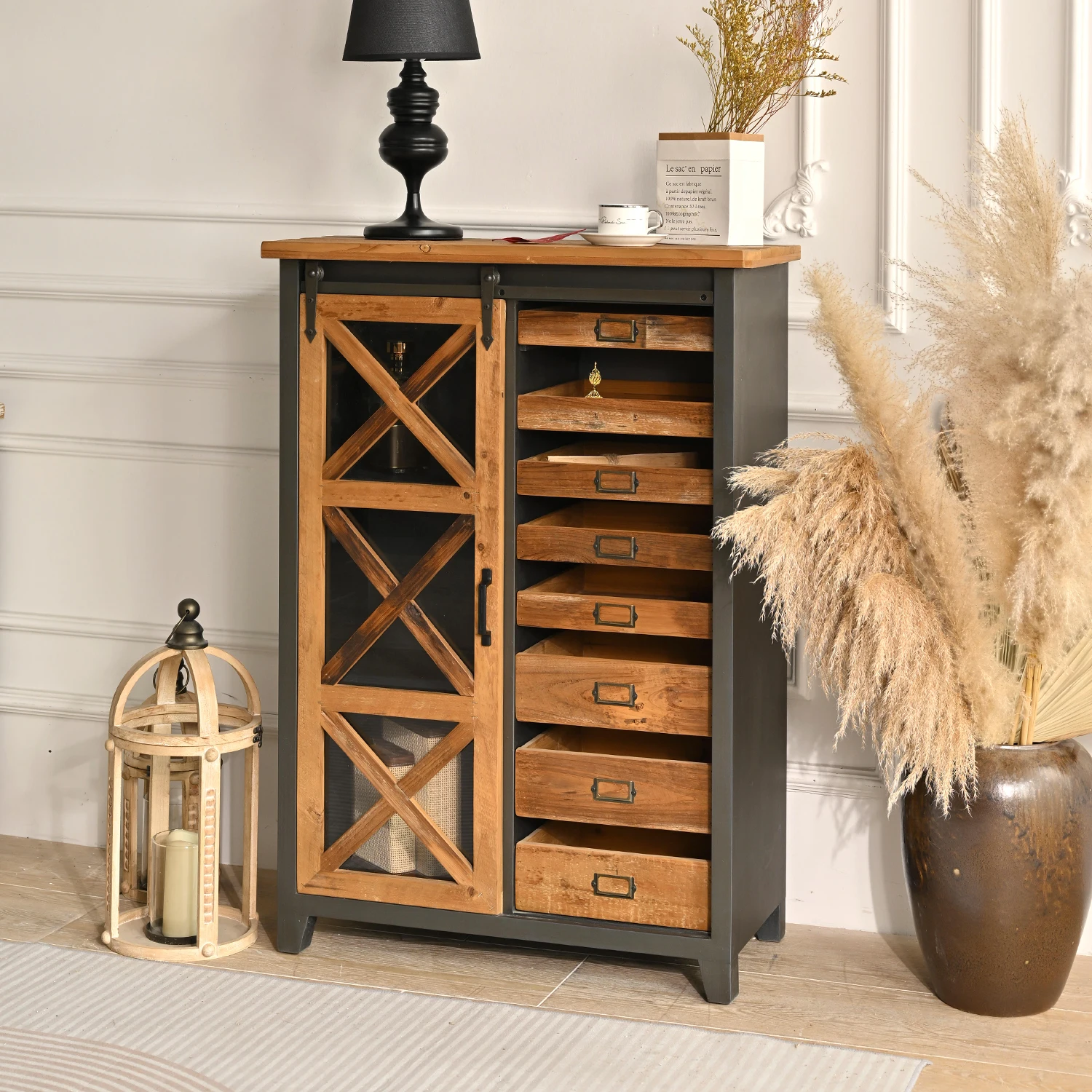 INNOVA HOME antique kitchen sideboard furniture solid wood cabinet with slide barn door