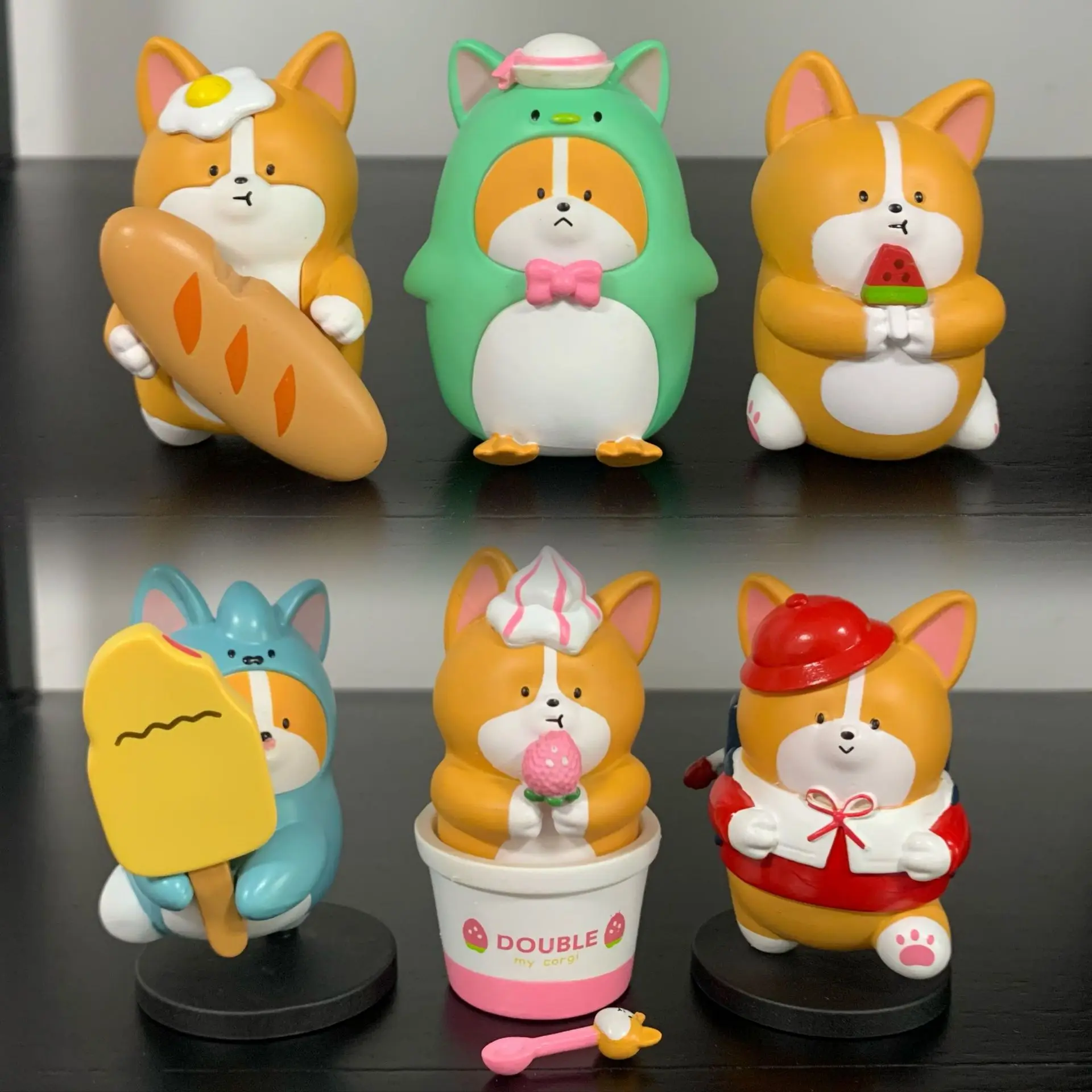 6PCS Corgi Dog Toy Food Gourmet Ice Cream Bread Backpack Shape Hand-Made Capsule Doll Ornaments Home Decoration Chidren Gift