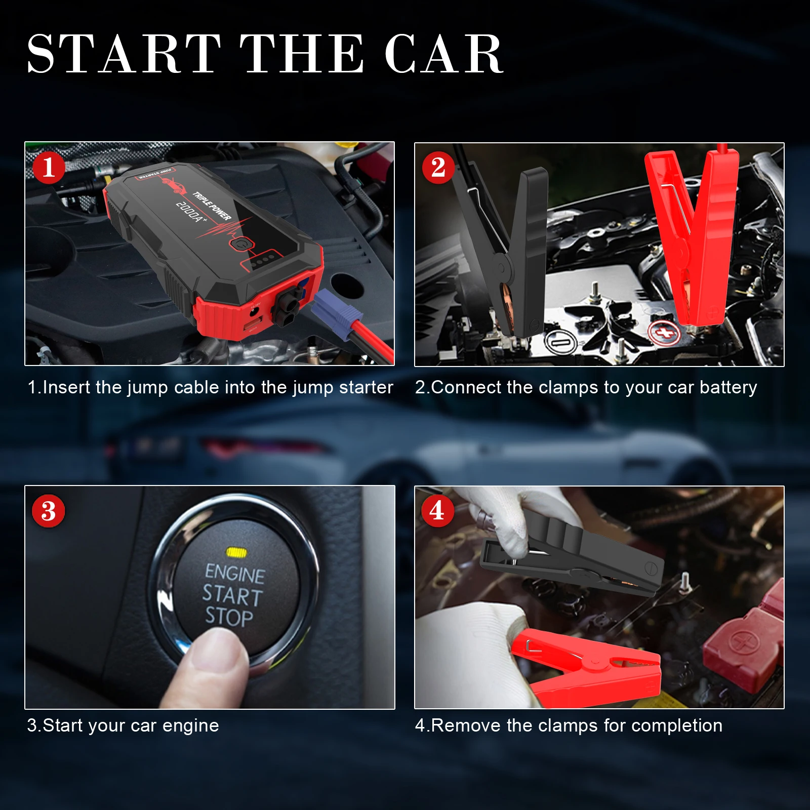 12v car battery jump starter intelligent booster cable with clamps for emergency tools portable car jump starter