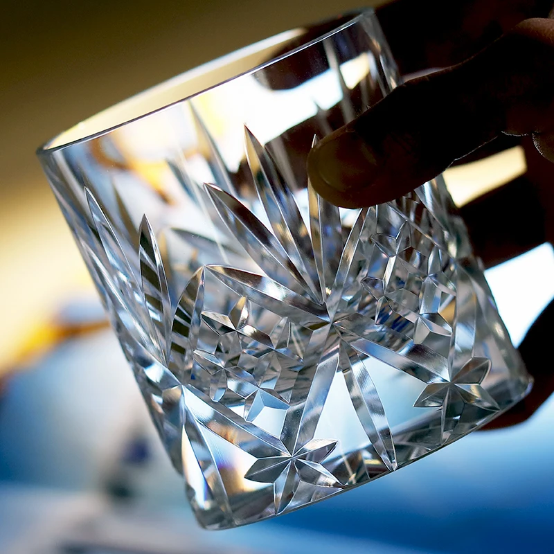 220ml K9 Clear Crystal Glass Whiskey Tumbler With Hand Cutting Classic Japanese Bamboo Leaves Design