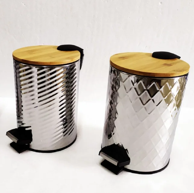 3L 5L embossing stainless steel pedal trash bin waste can with bamboo lid