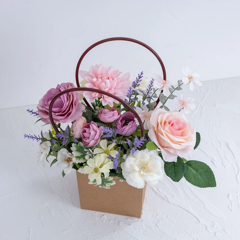 CF01465 Hot Selling Artificial Fabric Rose Silk Dahlia Ranuculus Flowers Plastic Lavender Paper Basket For Present Decoration