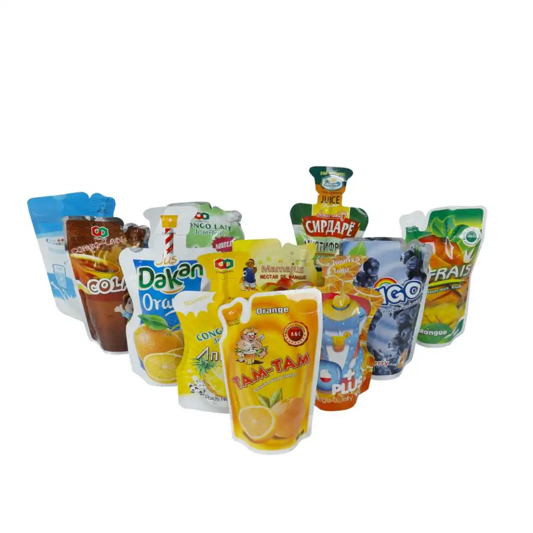 Free samples custom printed logo cheap standing up plastic beverage packaging bag juice drinking pouch with straw inside