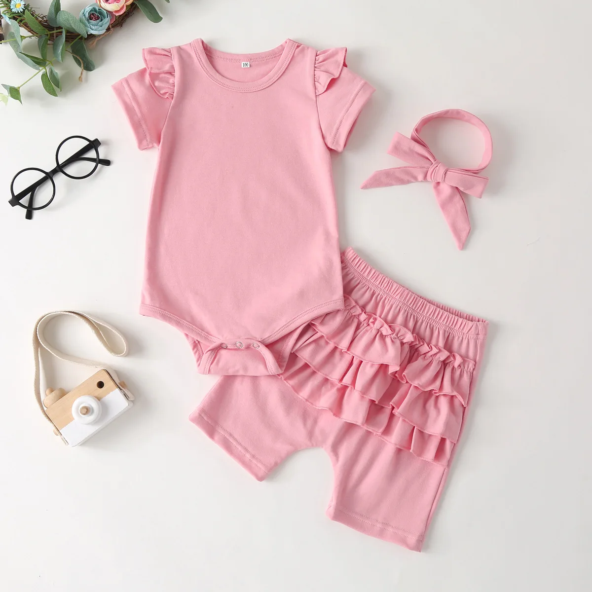 3 pcs headband frill pant ribbed knit girls clothes ruffle sleeve baby rompers set for new born