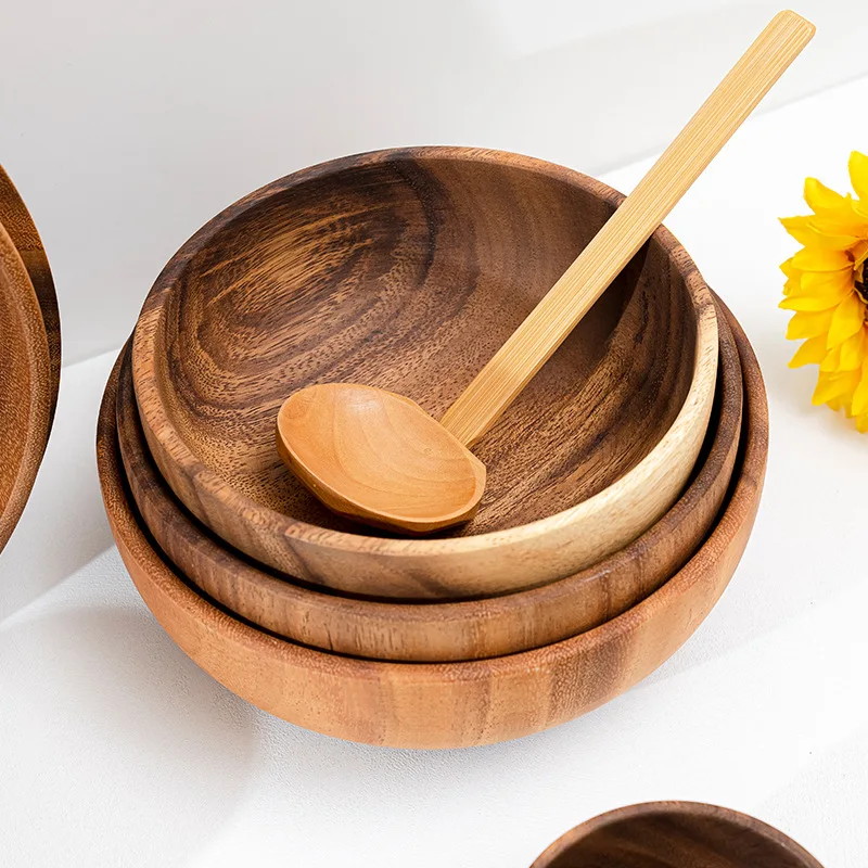 Multiple Sizes from 10 to 26cm Eating Utensil Smooth Natural Acacia Wood Bowl Set for Food Noodle