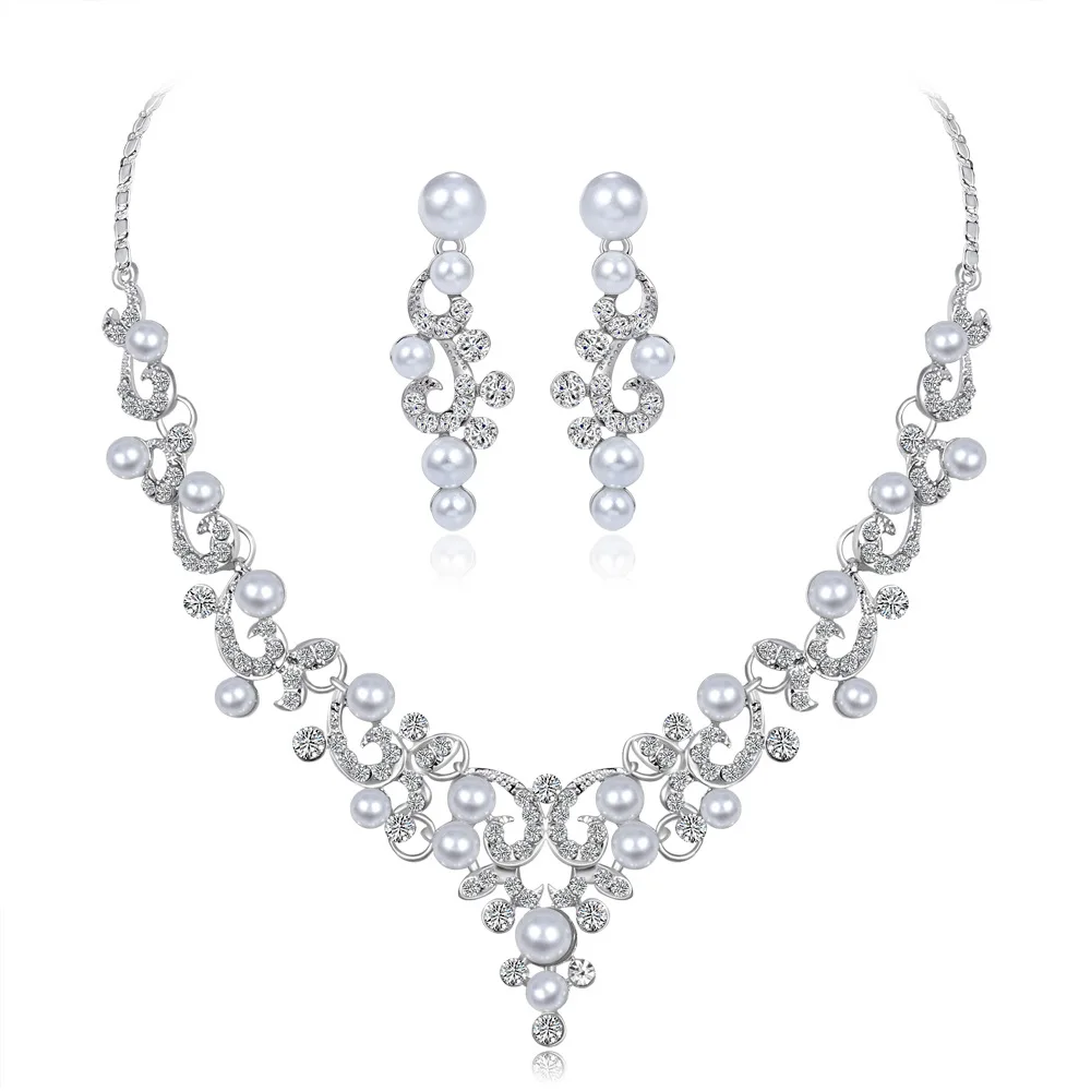 Aug jewelry 2 piece set European pearl rhinestone necklace earring set banquet wedding match Spanish jewelry set
