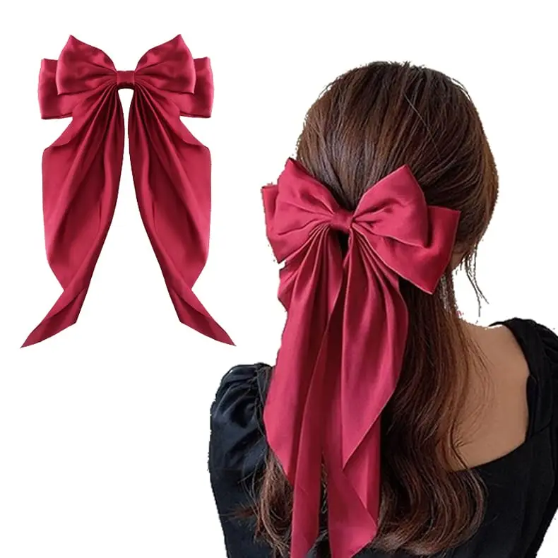 Top-Ranked Silky Satin Hair Accessories Spring Summer Long Tail Bows Clip Hairpin Composed  Alloy Ribbon Fabric and Metal