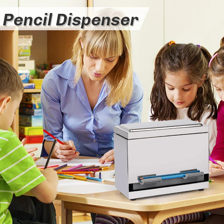 Pencil Dispenser for Classroom Office Stainless Steel Holder Easy-Push Tabs Non-Slip Rubber Feet Metal Container for 200 Pencils