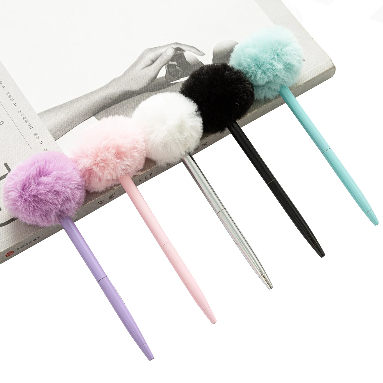 Милые розовые Лавандовые стильные плюшевые металлические подарочные ручки, милые плюшевые шариковые ручки