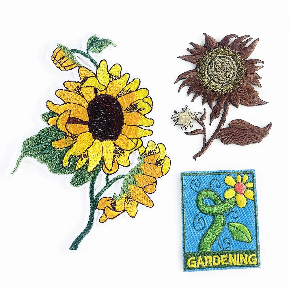 Высокое качество, оптовая продажа, индивидуальная аппликация в виде подсолнуха, патчи с вышивкой, термопресс, патчи для курток, шляп, сумок