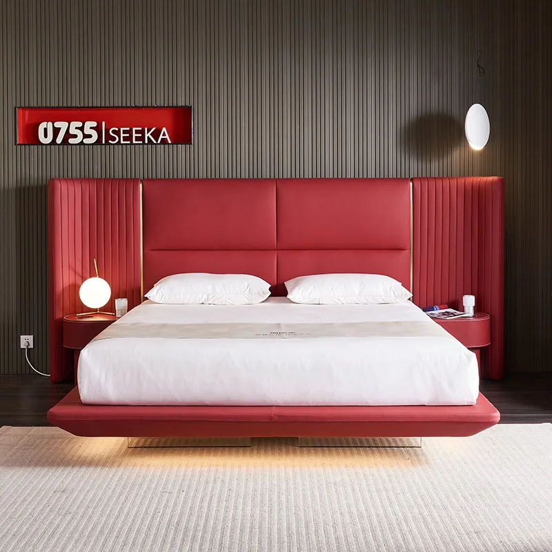 Modern Design Multifunctional Leather Bed With LED Lights Winged Recharge Headboard For Home Use