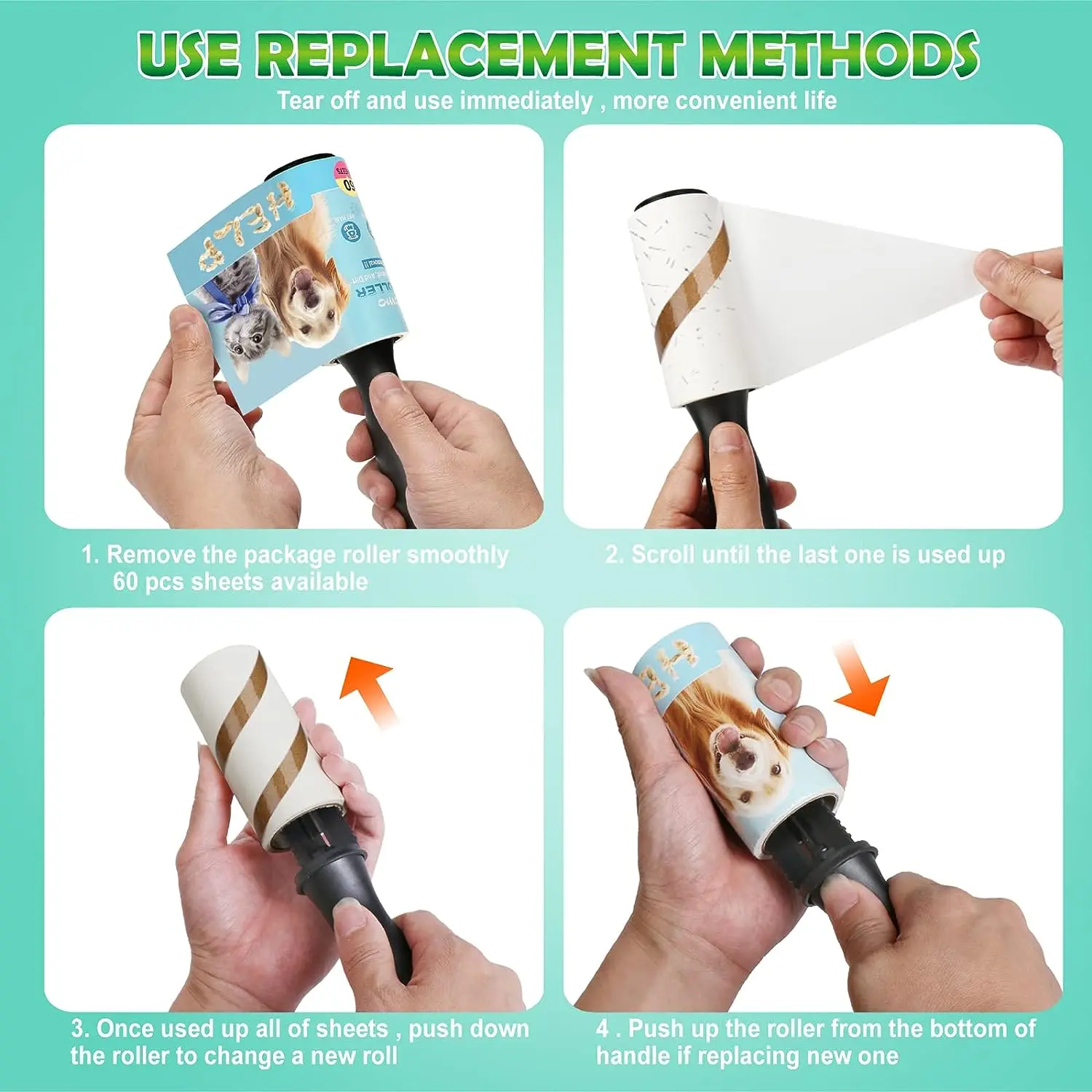 Household Carpet Cleaning Tool Custom 60 Sheets Reusable Sticky Pet Hairs Remover Portable Refill Lint Roller For Clothes