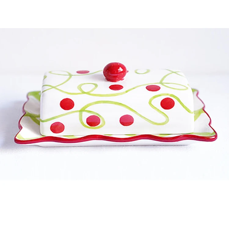 christmas decal ceramic porcelain white butter dish plate with lid