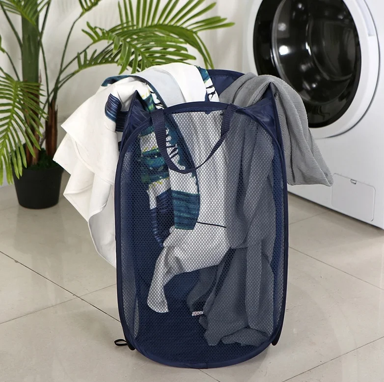 Polyester Foldable pop up hamper bags storage baskets with handle durable mesh collapsible laundry baskets