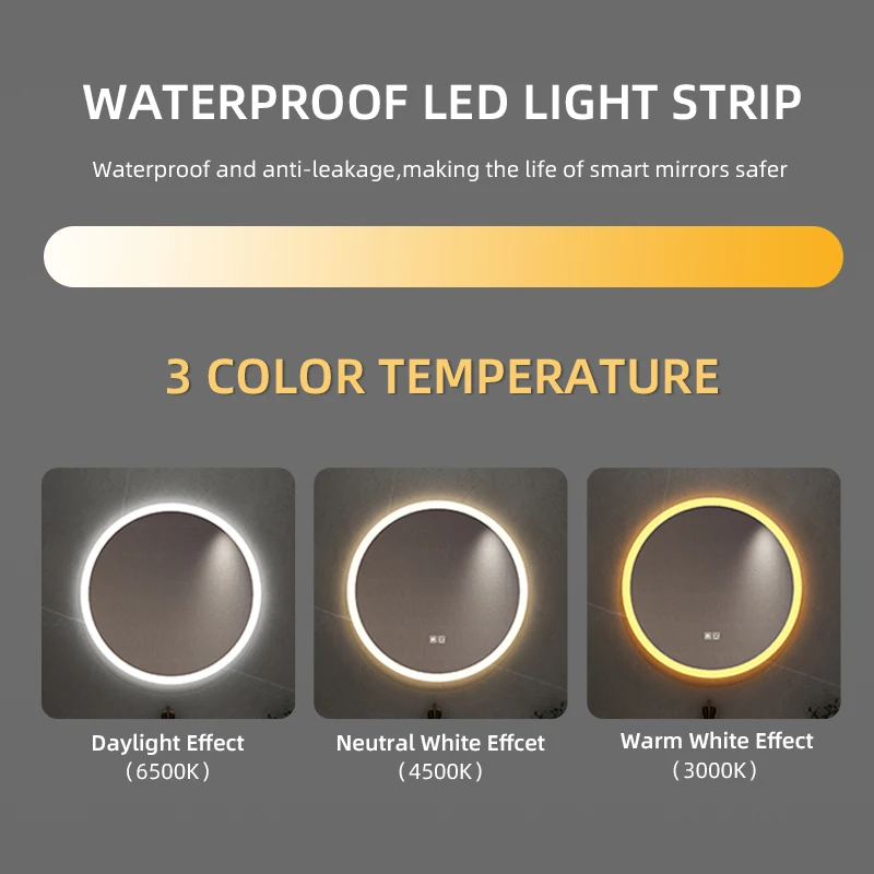 Настенное украшение на заказ современный сенсорный экран противотуманный круглый светодиодный умный зеркало для ванной комнаты