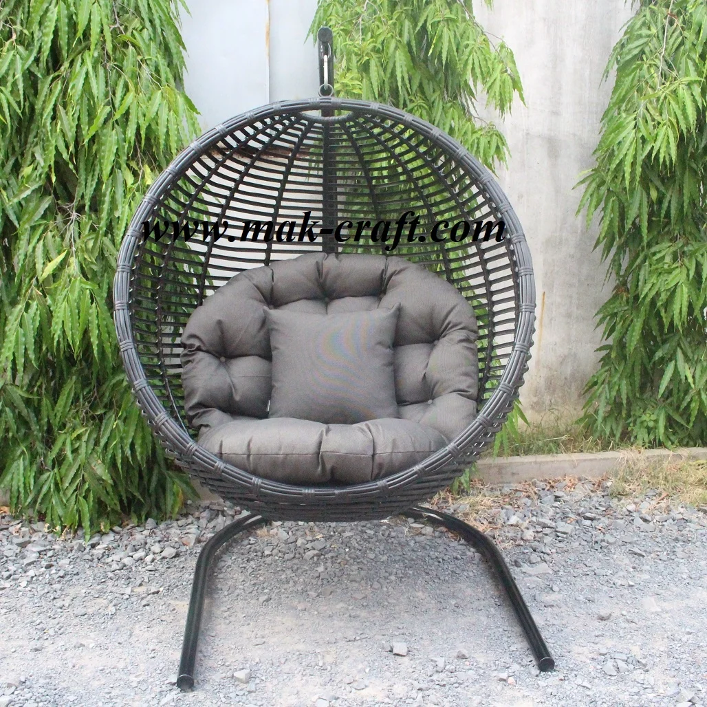 
Synthetic bamboo wicker rattan outdoor patio round apple swing egg chair black cushion fabric iron frame for balcony furniture 